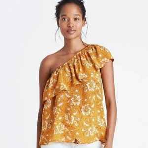 Madewell Assam Blouse Size Small 100% Silk One Shoulder Floral Yellow Gold White